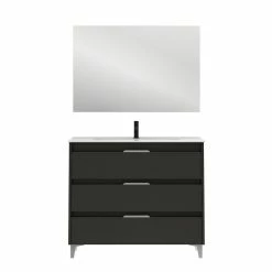 Meilleur prix 💯 Amizuva Meuble simple vasque SUKI avec tris tiroirs H.74 x L.100 x P.46 , effet Anthracite brillant | Il comprend la vasque en céramique ⌛