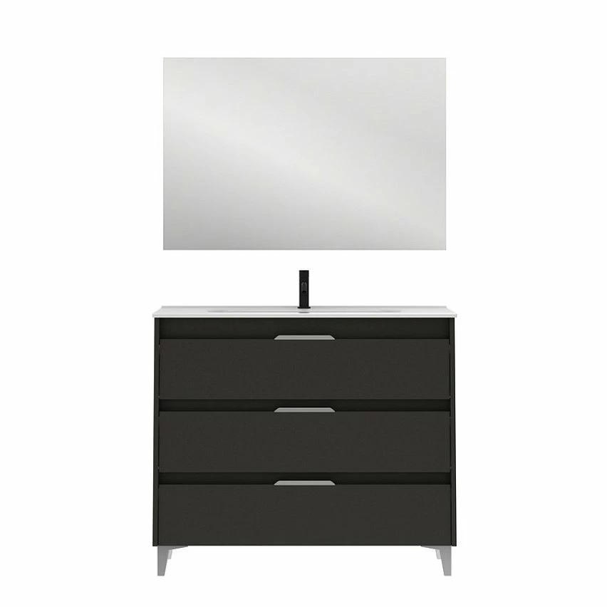 Meilleur prix 💯 Amizuva Meuble simple vasque SUKI avec tris tiroirs H.74 x L.100 x P.46 , effet Anthracite brillant | Il comprend la vasque en céramique ⌛