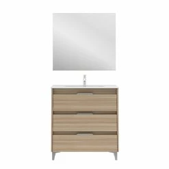 Remise ✨ Amizuva Meuble simple vasque SUKI avec tris tiroirs H.74 x L.80 x P.46 , effet noyer sablé | Il comprend la vasque en céramique 🤩