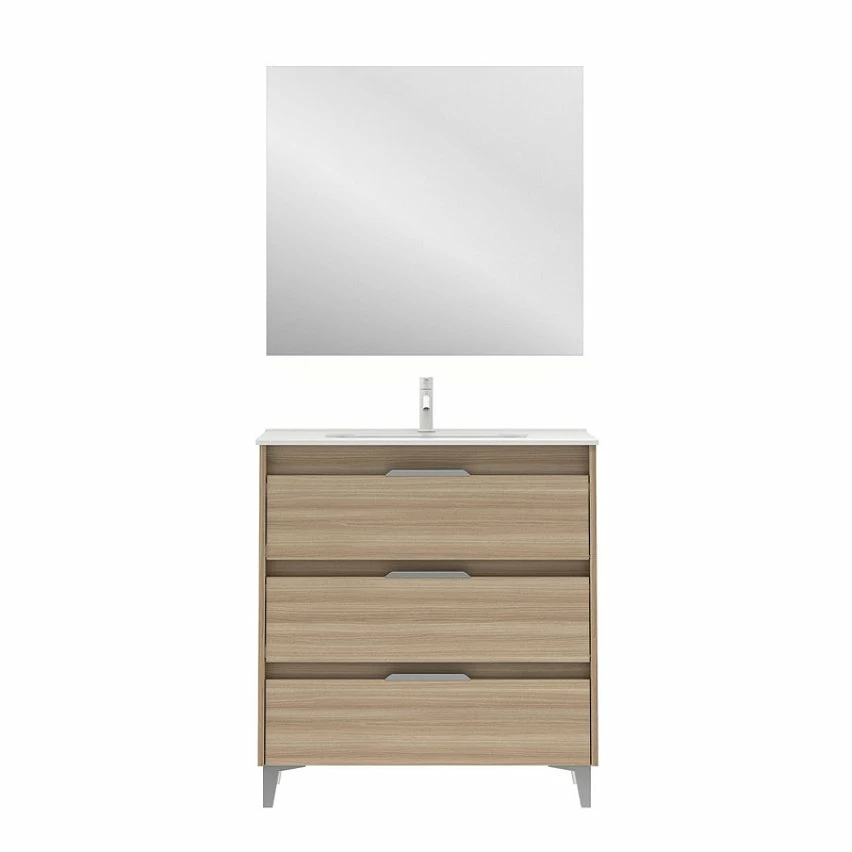 Remise ✨ Amizuva Meuble simple vasque SUKI avec tris tiroirs H.74 x L.80 x P.46 , effet noyer sablé | Il comprend la vasque en céramique 🤩