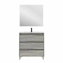 Bon marché 🤩 Amizuva Meuble simple vasque SUKI avec tris tiroirs H.74 x L.80 x P.46 , effet Gris sablé | Il comprend la vasque en céramique 🤩