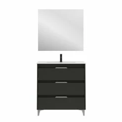 Remise 👏 Amizuva Meuble simple vasque SUKI avec tris tiroirs H.74 x L.80 x P.46 , effet Anthracite brillant | Il comprend la vasque en céramique 🤩