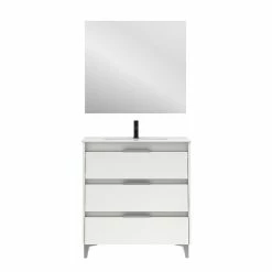 Meilleure affaire 💯 Amizuva Meuble simple vasque SUKI avec tris tiroirs H.74 x L.80 x P.46 , effet blanc brillant | Il comprend la vasque en céramique 🥰