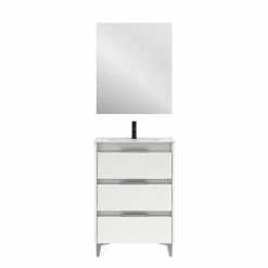 Acheter ✔️ Amizuva Meuble simple vasque SUKI avec tris tiroirs H.74 x L.60 x P.46 , effet blanc brillant | Il comprend la vasque en céramique 🔥