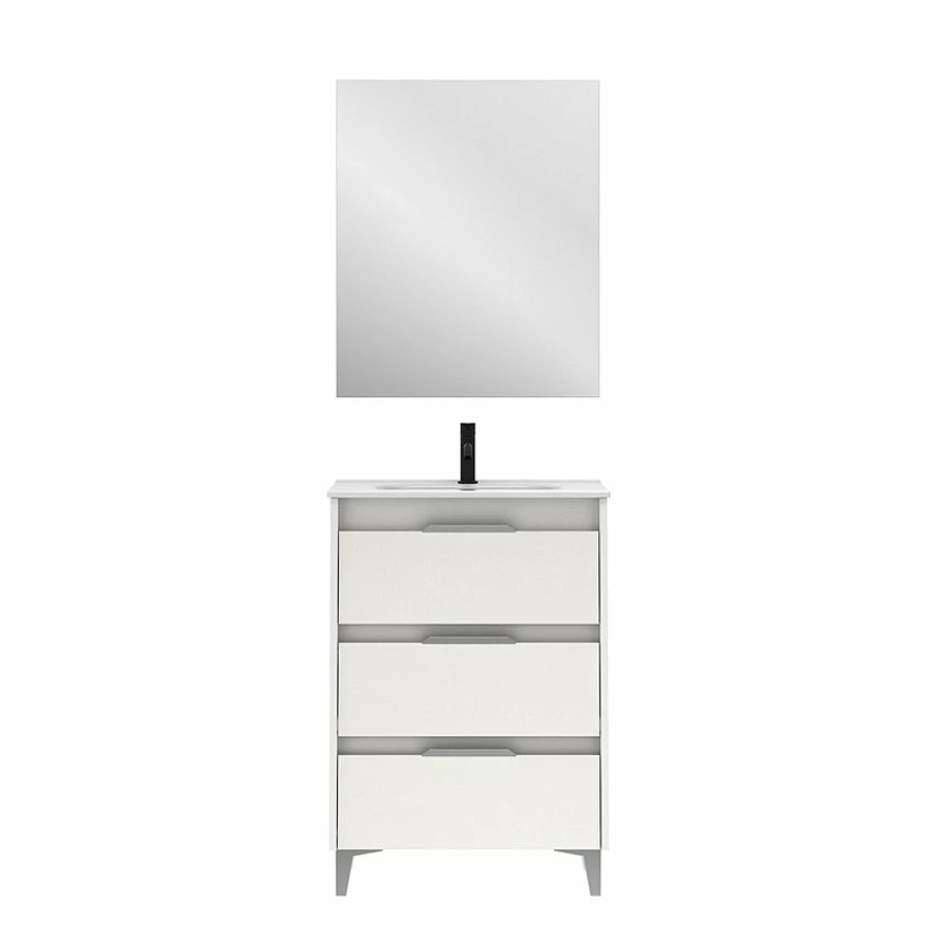 Acheter ✔️ Amizuva Meuble simple vasque SUKI avec tris tiroirs H.74 x L.60 x P.46 , effet blanc brillant | Il comprend la vasque en céramique 🔥