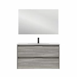 Le moins cher ✨ Amizuva Meuble simple vasque SUKI avec deux tiroirs H.56,5 x L.100 x P.46 , effet Gris sablé | Il comprend la vasque en céramique 😀