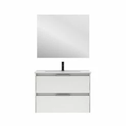 Budget 👏 Amizuva Meuble simple vasque SUKI avec deux tiroirs H.56,5 x L.80 x P.46 , effet blanc brillant | Il comprend la vasque en céramique 🎉