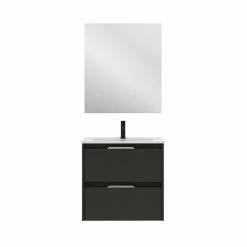 Remise 😉 Amizuva Ensemble de meuble, vasque et miroir SUKI avec deux tiroirs H.56,5 x L.60 x P.46 , effet Anthracite brillant 😉