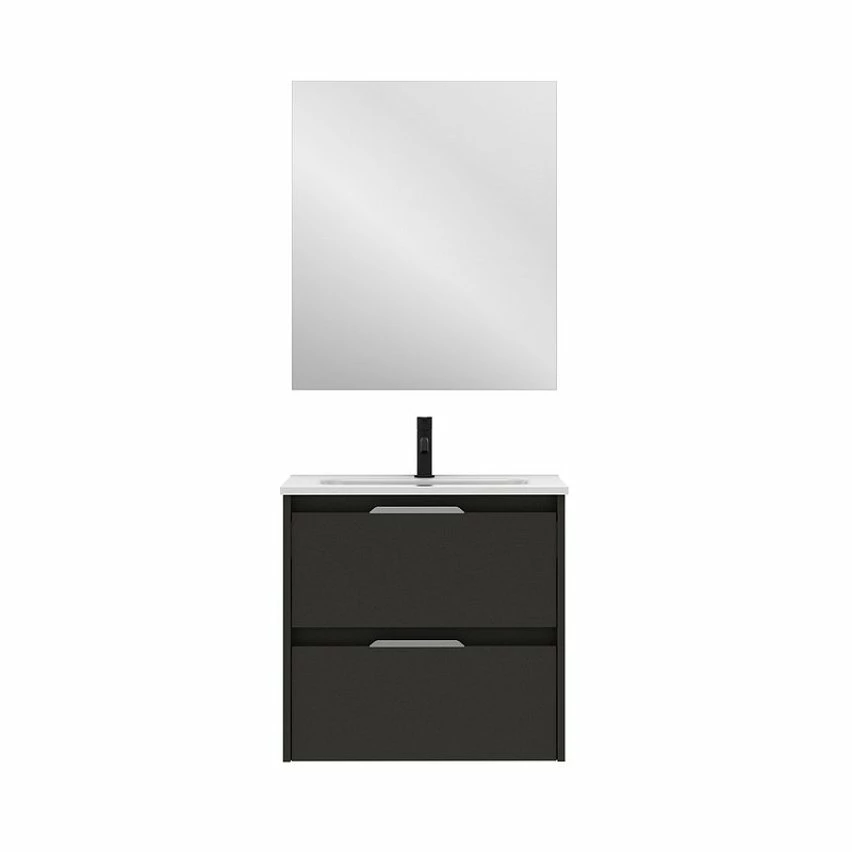 Meilleur prix ✔️ Amizuva Meuble simple vasque SUKI avec deux tiroirs H.56,5 x L.60 x P.46 , effet Anthracite brillant | Il comprend la vasque en céramique ✨