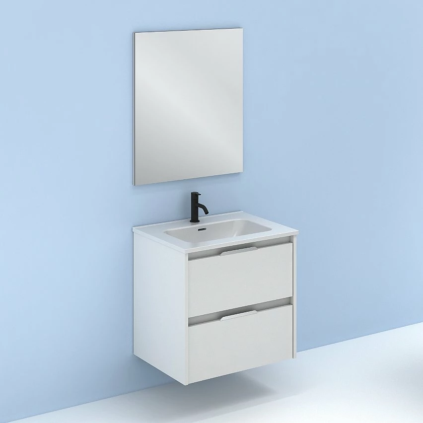 Acheter 🎉 Amizuva Ensemble de meuble, vasque et miroir SUKI avec deux tiroirs H.56,5 x L.60 x P.46 , effet blanc brillant 😀 – Image 6