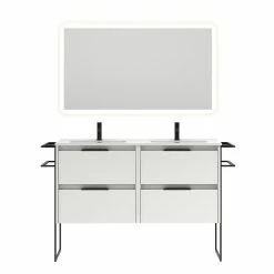 Acheter ⌛ Amizuva Ensemble de meuble, vasque et miroir KEIKO avec quatre tiroirs H.56,5 x L.120 x P.46 , effet blanc brillant 😀