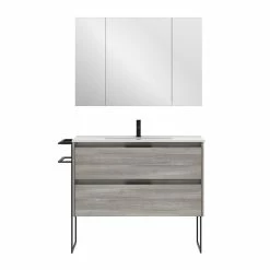 Acheter 🤩 Amizuva Ensemble de meuble, vasque et miroir KEIKO avec deux tiroirs H.56,5 x L.100 x P.46 , effet Gris sablé 🛒