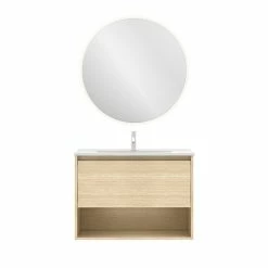 Meilleure vente ❤️ Amizuva Ensemble de meuble, vasque et miroir NIWA avec un tiroir et un niche H.56,5 x L.80 x P.46 , effet Chêne sablé 🛒