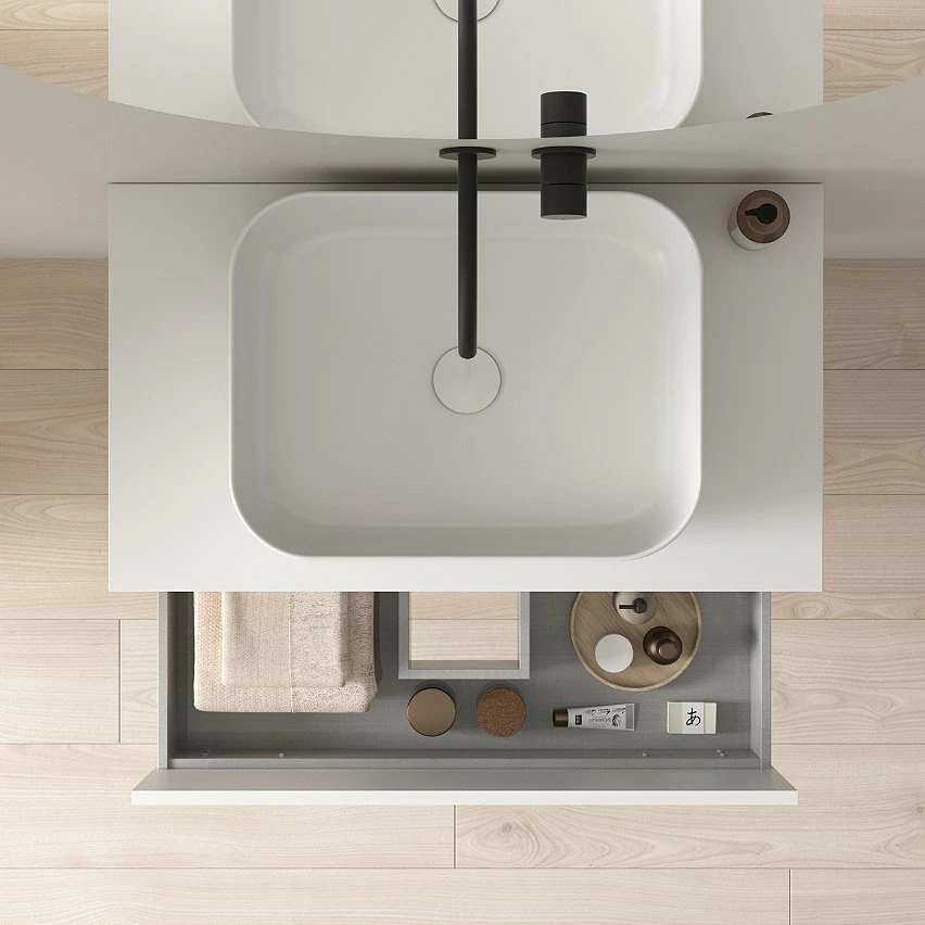 Le moins cher 🌟 Amizuva Meuble simple vasque NIWA TOP avec un tiroir et un niche H.56,5 x L.80 x P.46, effet Chêne sablé | Il comprend la vasque en céramique 💯 – Image 4