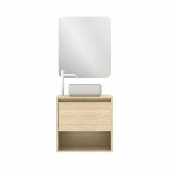 Promo ⭐ Amizuva Ensemble de meuble, vasque et miroir NIWA TOP avec un tiroir et un niche H.56,5 x L.60 x P.46 , effet Chêne sablé ✔️