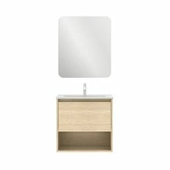 Meilleur prix 💯 Amizuva Ensemble de meuble, vasque et miroir NIWA avec un tiroir et un niche H.56,5 x L.60 x P.46 , effet Chêne sablé 🤩