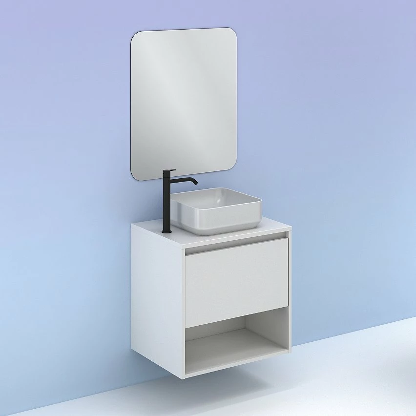 Le moins cher 🛒 Amizuva Ensemble de meuble, vasque et miroir NIWA TOP avec un tiroir et un niche H.56,5 x L.60 x P.46 , effet blanc brillant 🌟 – Image 5