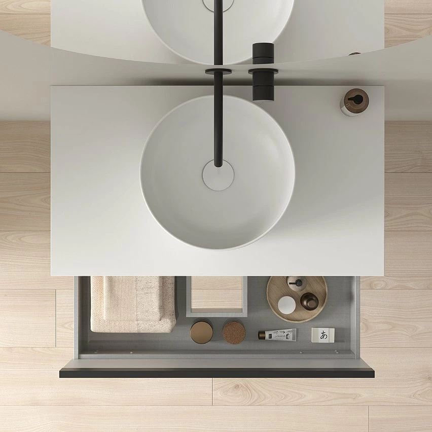 Coupon 🎉 Amizuva Ensemble de meuble, vasque et miroir YOKO avec un tiroir et un niche H.56,5 x L.80 x P.46 , effet blanc brillant 💯 – Image 2