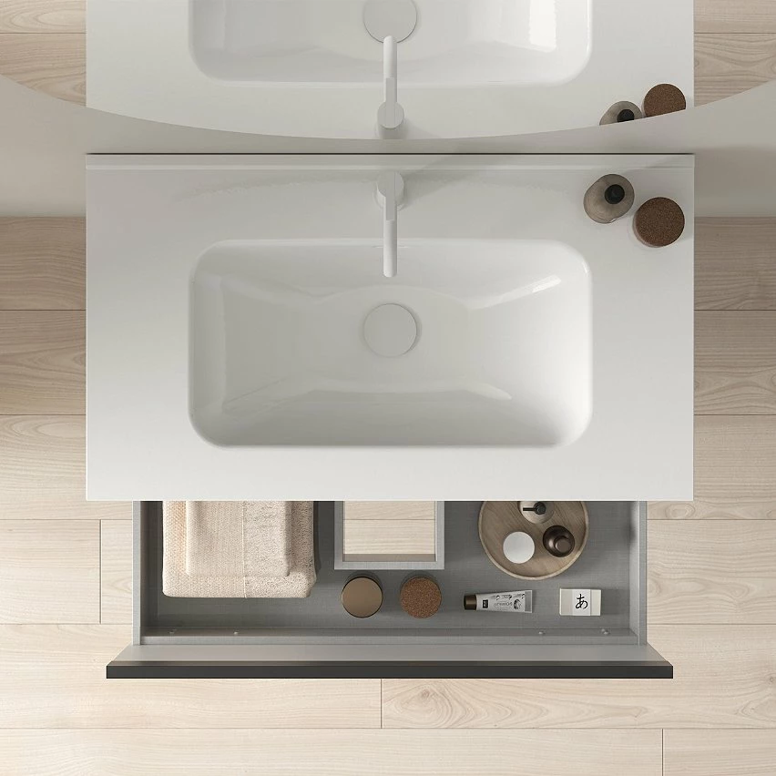 Promo 🔔 Amizuva Meuble simple vasque YOKO avec un tiroir et un niche H.56,5 x L.60 x P.46 , effet Chêne sablé | Il comprend la vasque en céramique 😀 – Image 2