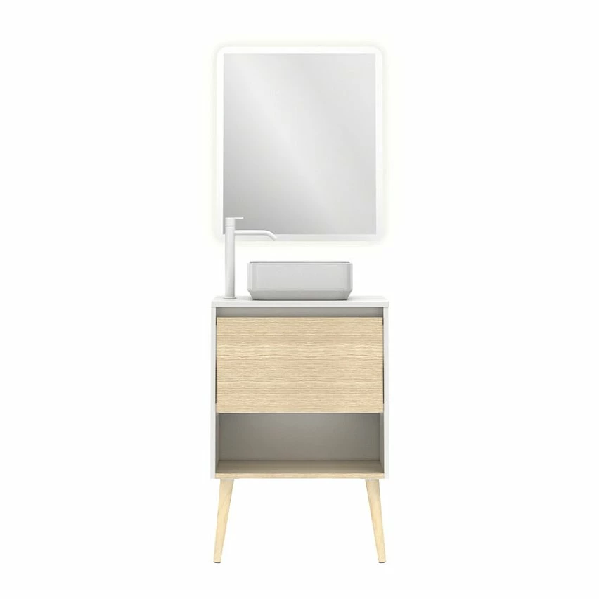 Remise 🛒 Amizuva Ensemble de meuble, vasque et miroir NARA TOP avec un tiroir et un niche H.56,5 x L.60 x P.46 , effet Blanco Mate/ Chêne sablé 👍