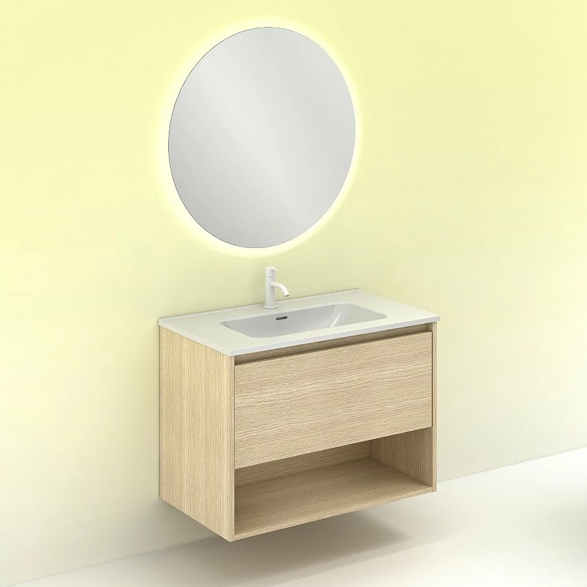 Tout neuf ✨ Amizuva Meuble simple vasque NIWA avec un tiroir et un niche H.56,5 x L.80 x P.46 , effet Chêne sablé | Il comprend la vasque en céramique ⌛ – Image 5