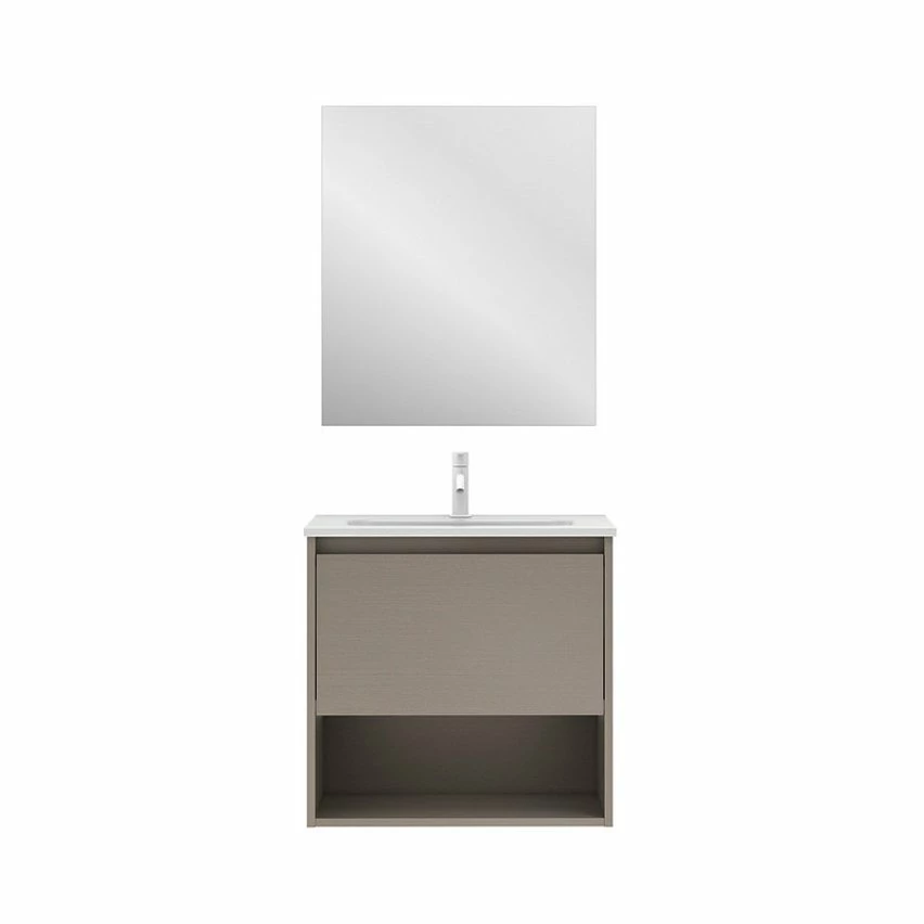 Budget 🌟 Amizuva Meuble simple vasque NIWA avec un tiroir et un niche H.56,5 x L.60 x P.46 , effetFumé sablé | Il comprend la vasque en céramique 🎁