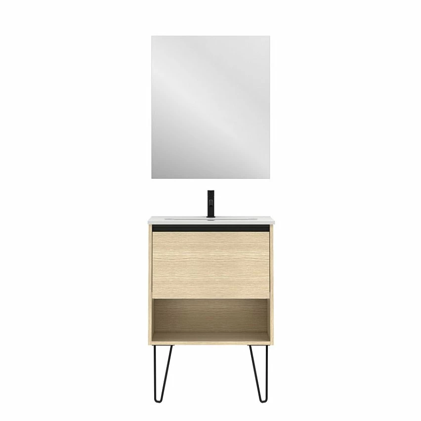 Promo 🔔 Amizuva Meuble simple vasque YOKO avec un tiroir et un niche H.56,5 x L.60 x P.46 , effet Chêne sablé | Il comprend la vasque en céramique 😀