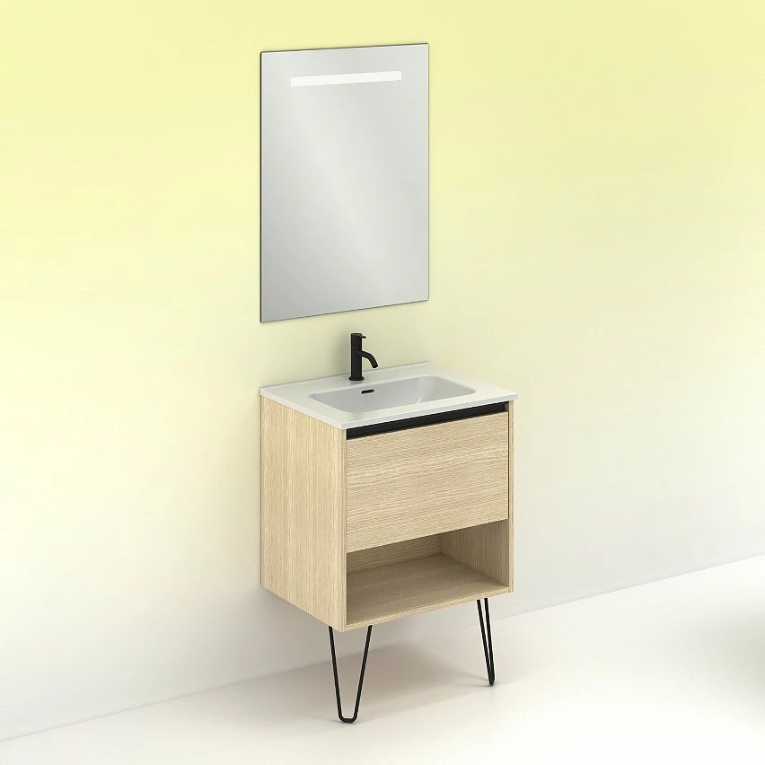 Promo 🔔 Amizuva Meuble simple vasque YOKO avec un tiroir et un niche H.56,5 x L.60 x P.46 , effet Chêne sablé | Il comprend la vasque en céramique 😀 – Image 6