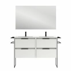 Top 10 🔥 Amizuva Meuble double vasque KEIKO avec quatre tiroirs H.56,5 x L.120 x P.46 , effet blanc brillant | Il comprend la vasque en céramique 🌟