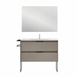 Grosses soldes ✨ Amizuva Meuble simple vasque KEIKO avec deux tiroirs H.56,5 x L.100 x P.46 , effet Fumé sablé | Il comprend la vasque en céramique ❤️