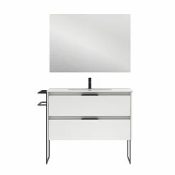 Promo 🌟 Amizuva Meuble simple vasque KEIKO avec deux tiroirs H.56,5 x L.100 x P.46 , effet blanc brillant | Il comprend la vasque en céramique ❤️