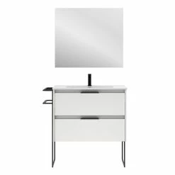 De gros ⌛ Amizuva Meuble simple vasque KEIKO avec deux tiroirs H.56,5 x L.80 x P.46 , effet blanc brillant | Il comprend la vasque en céramique 👍